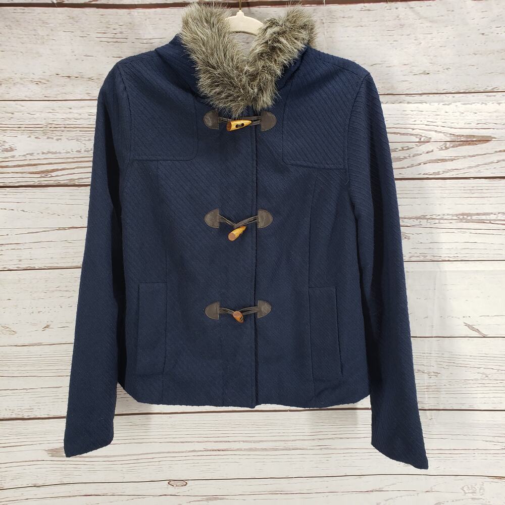 Jack by BB Dakota Women's Blue Navy Faux Fur Hoodie Jacket Size Large